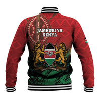 Red baseball jacket back with JAMHURI YA KENYA text, lion crest, striped collar cuffs