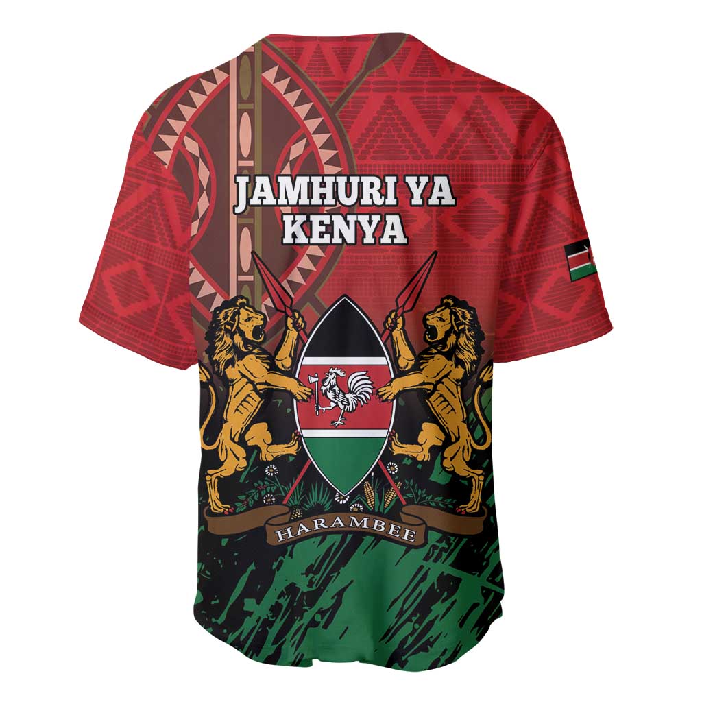 Red baseball jersey with Kenya shield, Harambeelions graphic, back text JAMHURI YA KENYA