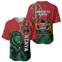 Red baseball jersey with green lion panel and Kenya crest graphic, front view