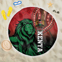 Round red beach blanket with green lion face, 1963 text, and white fringe border