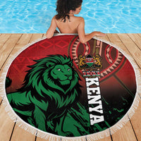 Round red beach blanket with green lion print and 1963 vertical text, fringed border