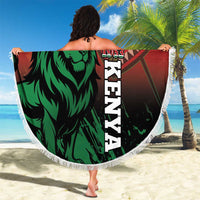 Round red beach blanket with green lion and 1963 emblem, white fringe edge