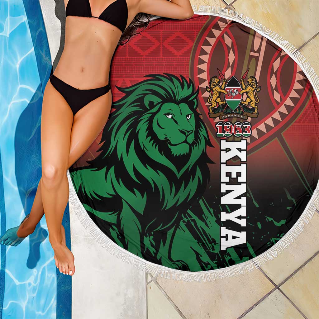 Round red beach blanket with green lion and 1963 emblem, fringed edge by pool