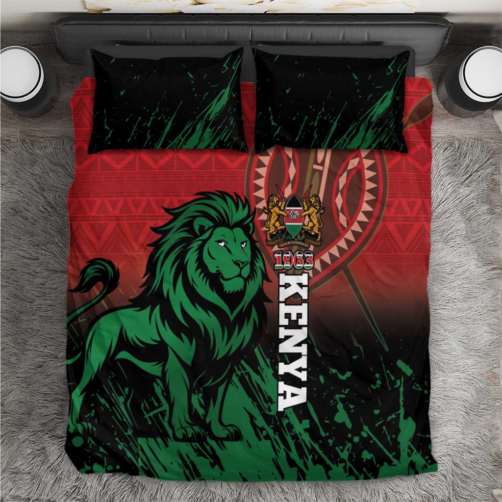Lion-themed bedding set with red, green, black African pattern and matching pillows