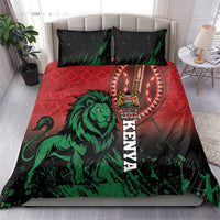 Lion crest bedding set in red, green, and black with decorative pillows
