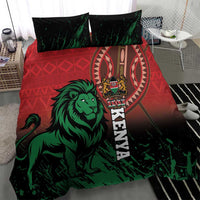 Lion face bedding set with red geometric pattern, green accents, and two pillows