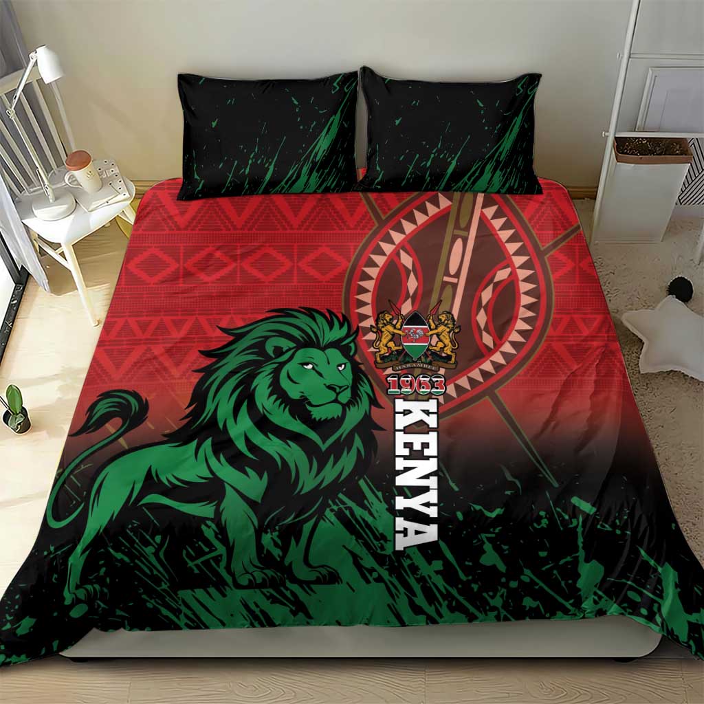 Lion and crest bedding set with red geometric border, green print, and two pillows
