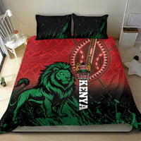 Lion and crest bedding set with red geometric border, green print, and two pillows