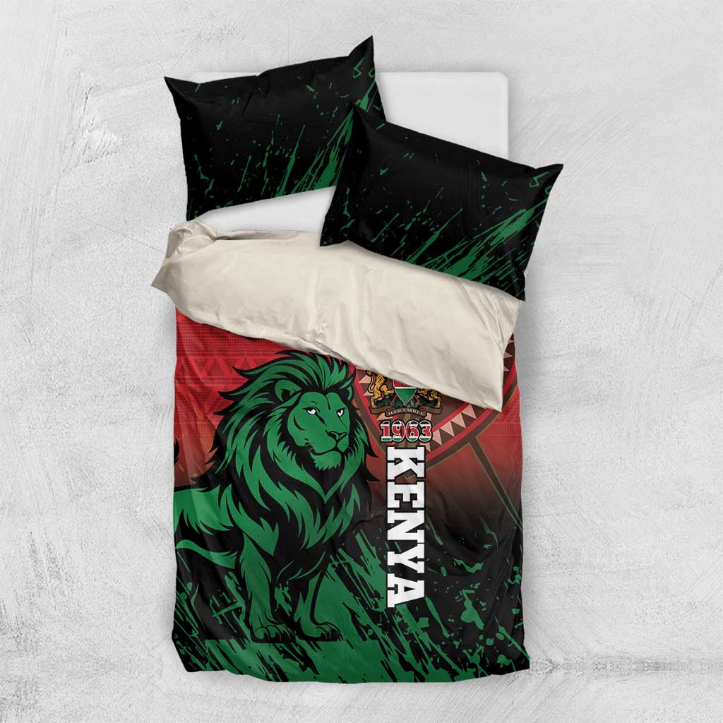 Lion crest bedding set with red and green African pattern, black accents, and pillows