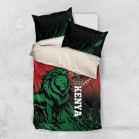Lion crest bedding set with red and green African pattern, black accents, and pillows