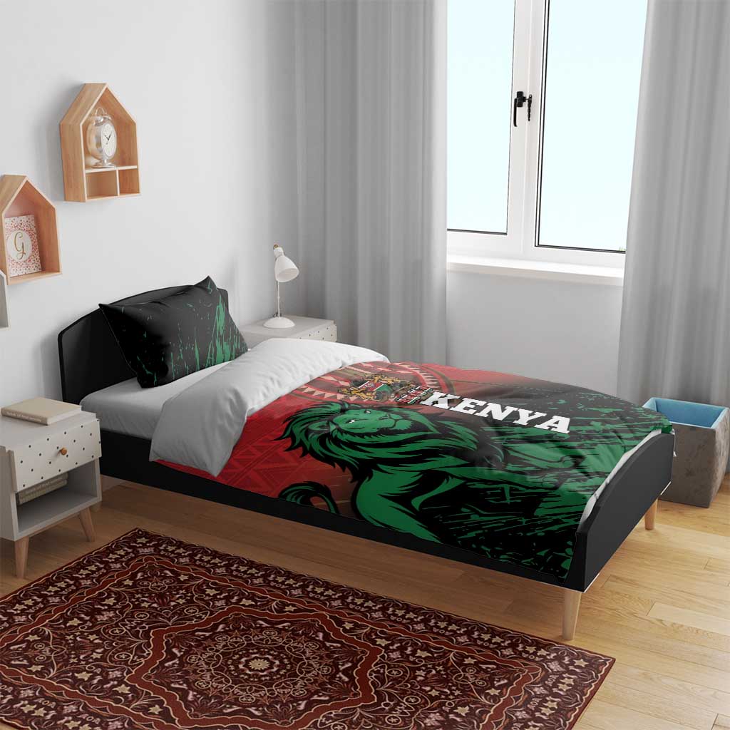 Lion-themed bedding set with red and green graphic duvet and two matching pillows