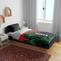 Lion-themed bedding set with red and green graphic duvet and two matching pillows