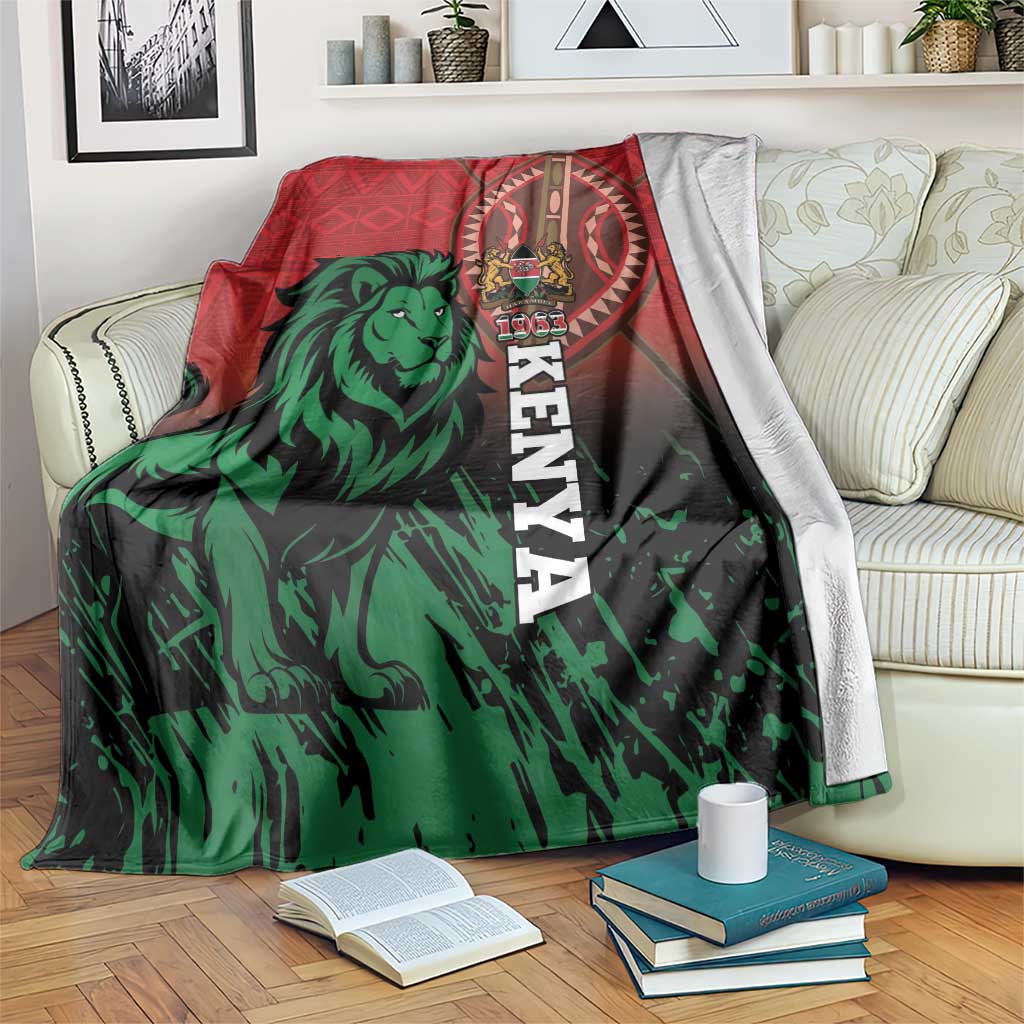 Red and green graphic Kenya lion blanket with vertical “KENYA” text and crest emblem