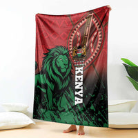 Red and green Kenya lion throw blanket, upright corner view with bold “KENYA” lettering