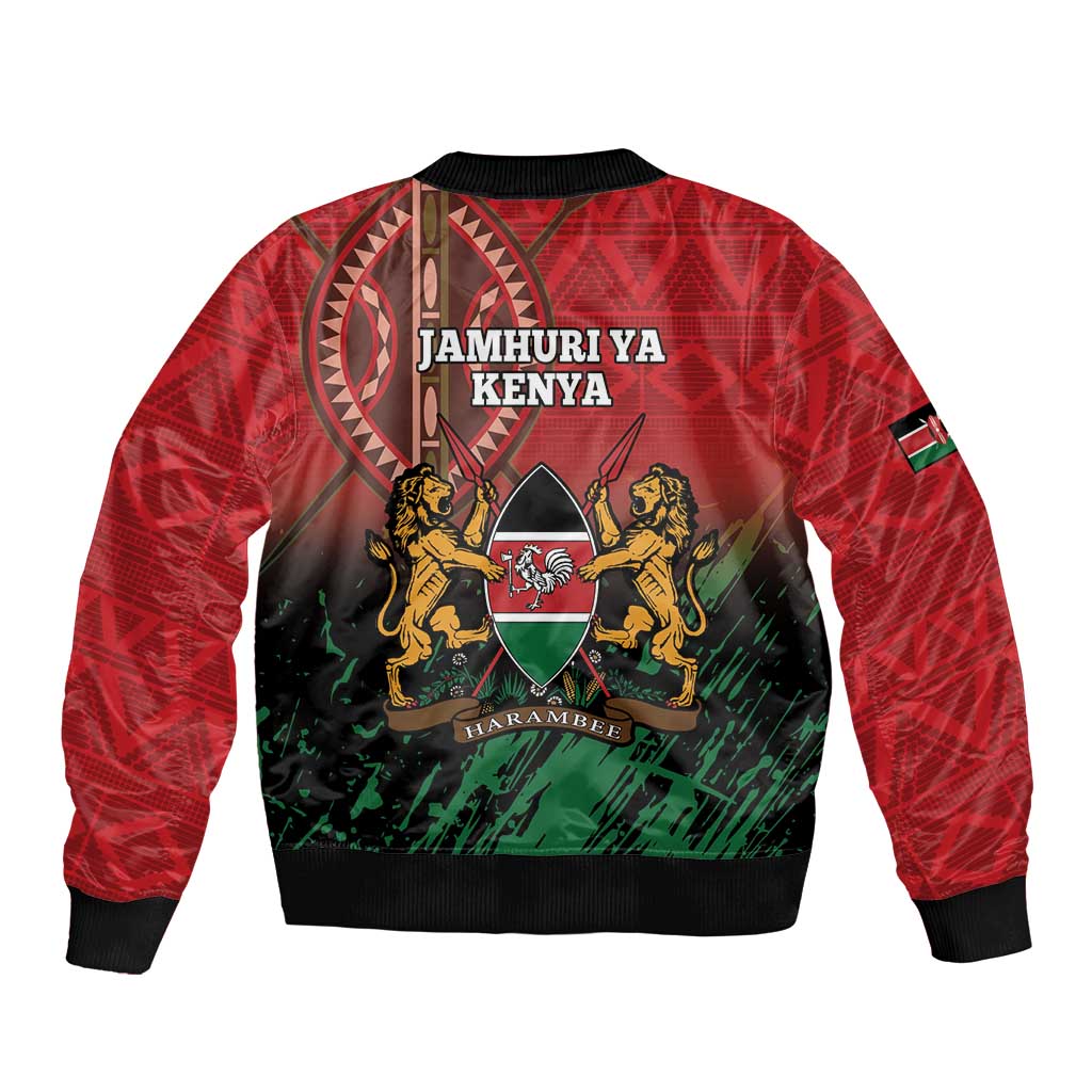 Red bomber jacket with black ribbed hem, back Kenya emblem with Jamhuri ya Kenya text.