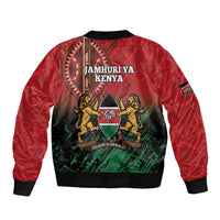 Red bomber jacket with black ribbed hem, back Kenya emblem with Jamhuri ya Kenya text.