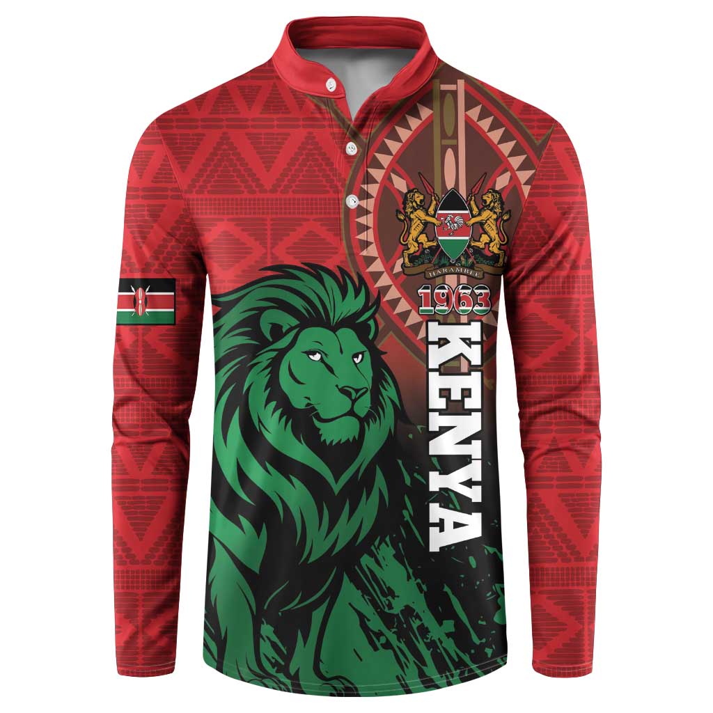Red button sweatshirt with green lion graphic and Kenya flag badge on front
