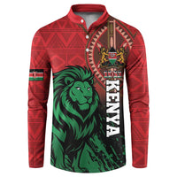 Red button sweatshirt with green lion graphic and Kenya flag badge on front