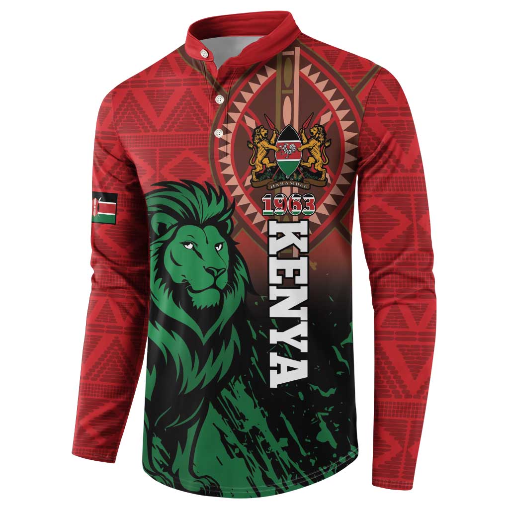 Red long-sleeve button sweatshirt with green lion and vertical “KENYA” print