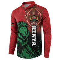 Red long-sleeve button sweatshirt with green lion and vertical “KENYA” print