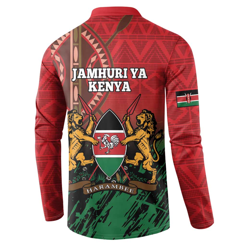 Red button sweatshirt with “JAMHURI YA KENYA” and lions crest on back