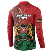Red button sweatshirt with “JAMHURI YA KENYA” and lions crest on back