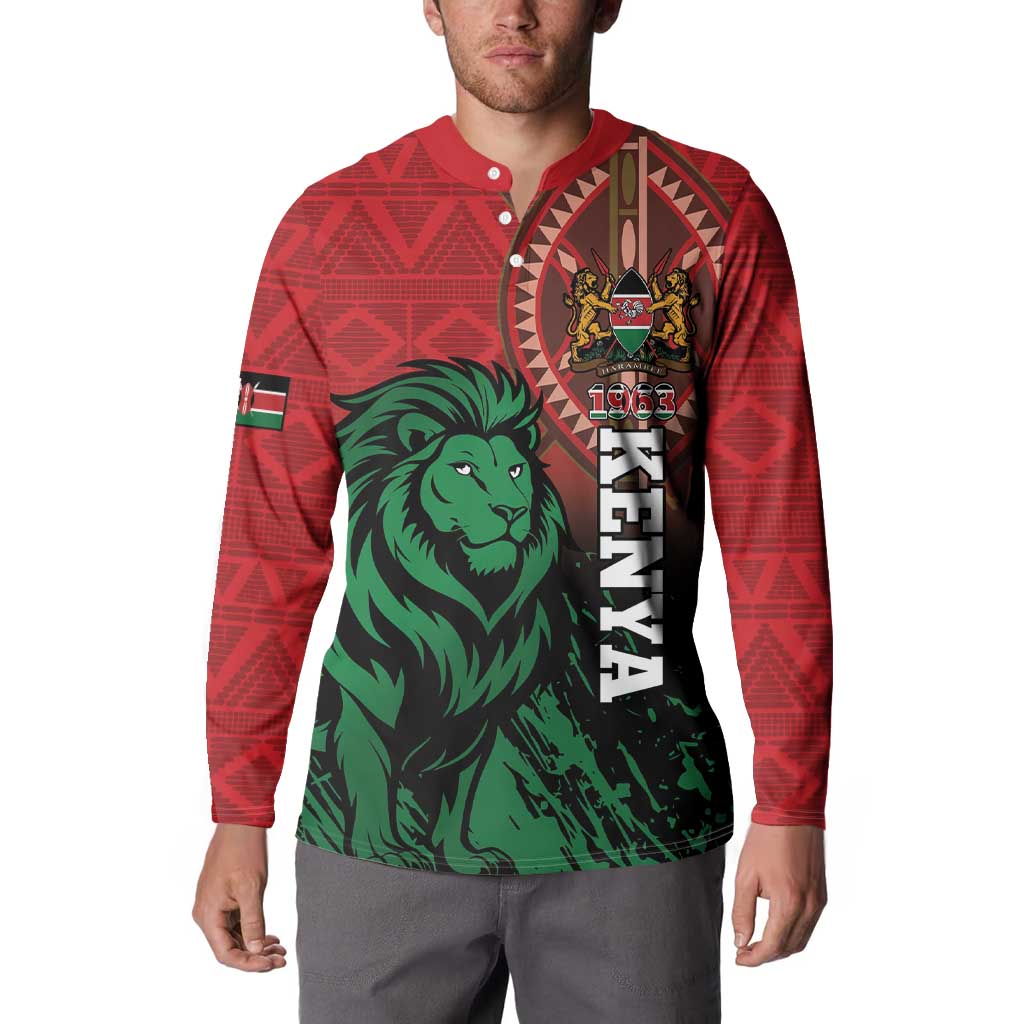 Red button sweatshirt worn by model, featuring lion and “KENYA 1963” front graphic