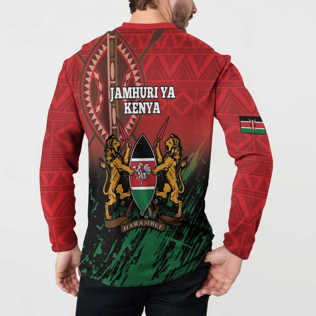 Red button sweatshirt worn from behind, showing “JAMHURI YA KENYA” back crest