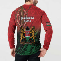 Red button sweatshirt worn from behind, showing “JAMHURI YA KENYA” back crest