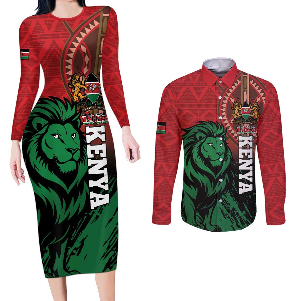 Kenya Independence Day Couples Matching Long Sleeve Bodycon Dress and Long Sleeve Button Shirt Jamhuri ya Kenya 1963 - African Pattern - Wonder Print Shop