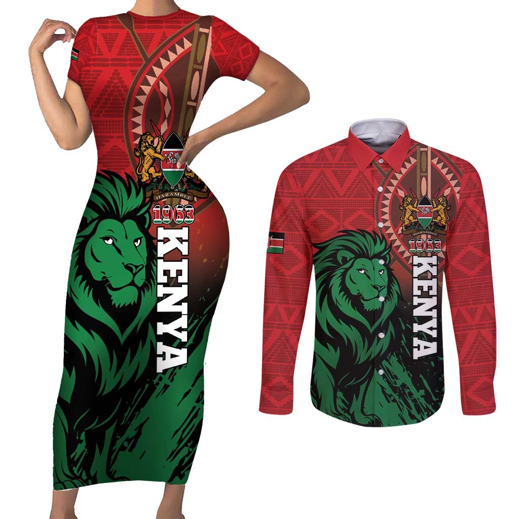 Kenya Independence Day Couples Matching Short Sleeve Bodycon Dress and Long Sleeve Button Shirt Jamhuri ya Kenya 1963 - African Pattern - Wonder Print Shop