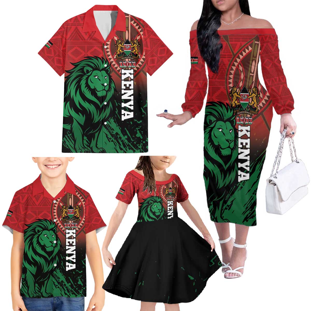 Kenya Independence Day Family Matching Off The Shoulder Long Sleeve Dress and Hawaiian Shirt Jamhuri ya Kenya 1963 - African Pattern - Wonder Print Shop