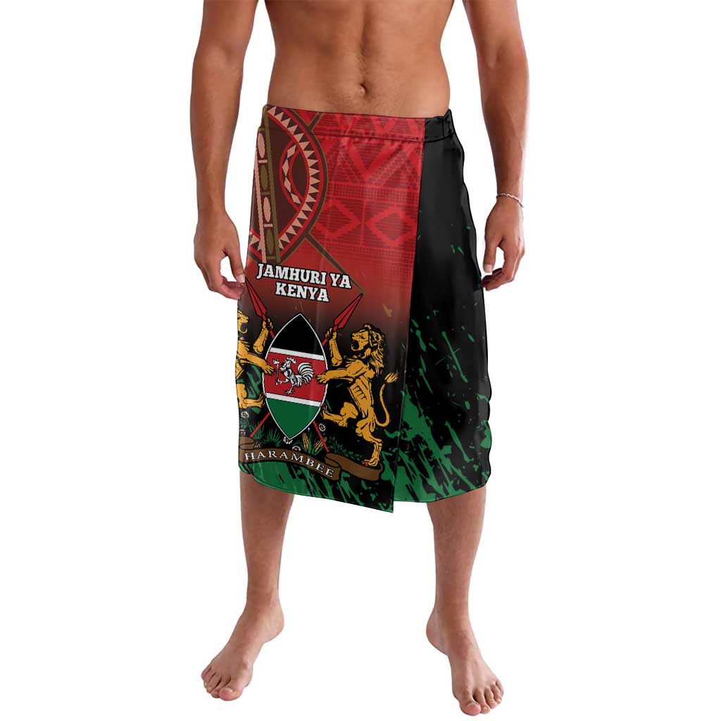 Men’s lavalava sarong with red, black and green graphic crest and lion emblem