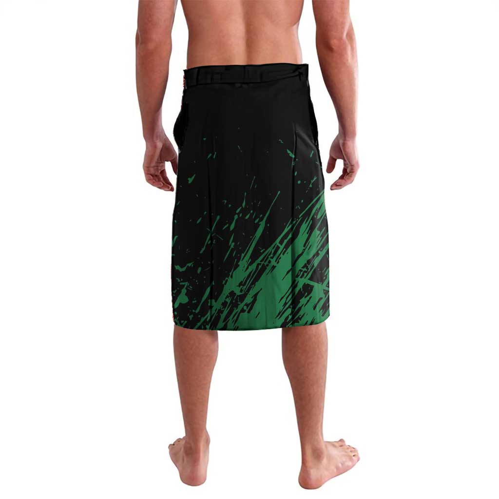 Men’s lavalava sarong in black with green abstract splatter pattern