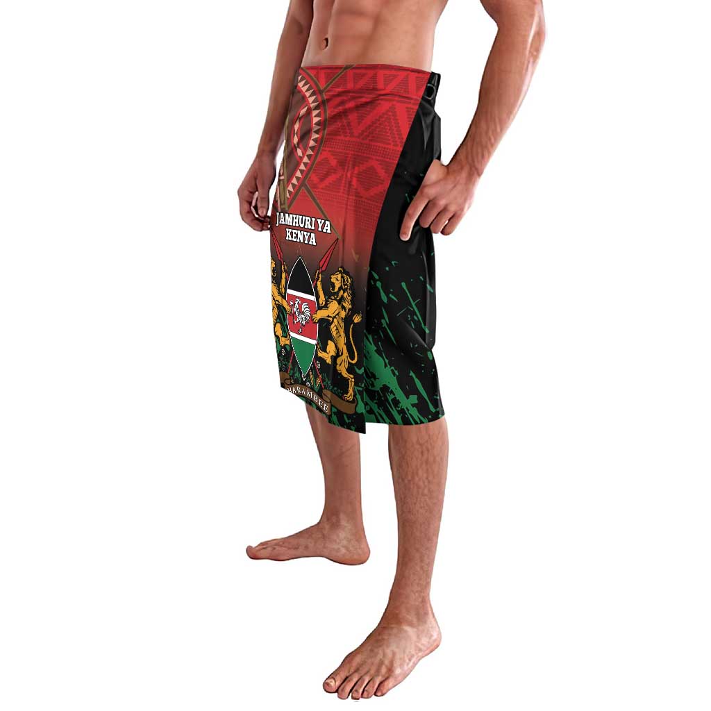 Men’s lavalava sarong with red panel and green-black emblem artwork