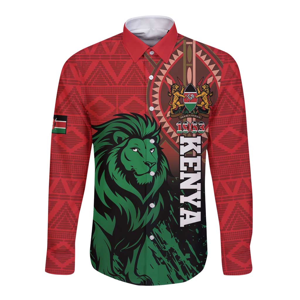 Red long-sleeve button shirt with lion graphic, Kenya badge and geometric pattern