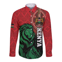 Red long-sleeve button shirt with lion graphic, Kenya badge and geometric pattern
