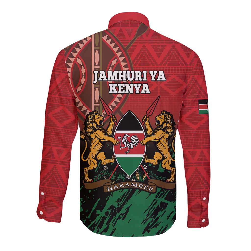Red long-sleeve button shirt with JAMHURI YA KENYA text, lions and geometric pattern