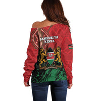 Women’s off-shoulder red sweater with Jamhuri ya Kenya text and crest graphic