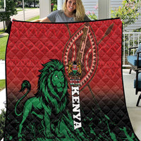 Red and black quilt with green lion, Kenya emblem and vertical Kenya text