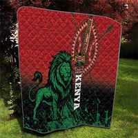 Red and black quilt with green lion, tall Kenya emblem, and geometric quilt stitching