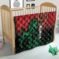 Red and black quilt on wooden baby bed rail, featuring green lion and vertical Kenya text