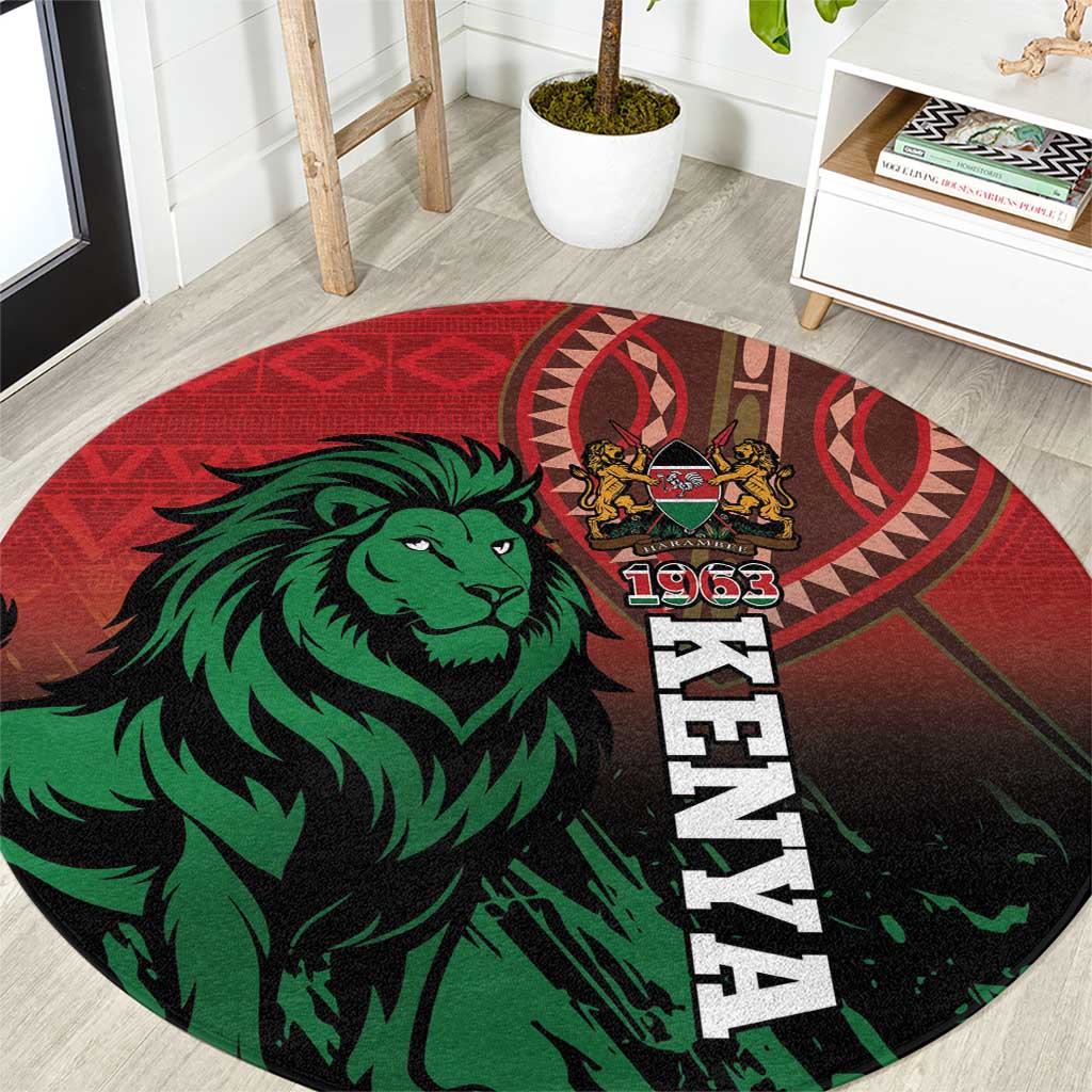 Red round carpet with green lion graphic and vertical Kenya 1963 text