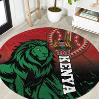 Red round carpet with green lion graphic and vertical Kenya 1963 text