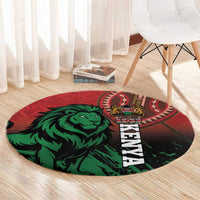 Red round carpet with green lion artwork and Kenya 1963 vertical lettering