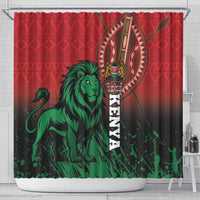 Red shower curtain with green lion and vertical KENYA text, featuring crest emblem