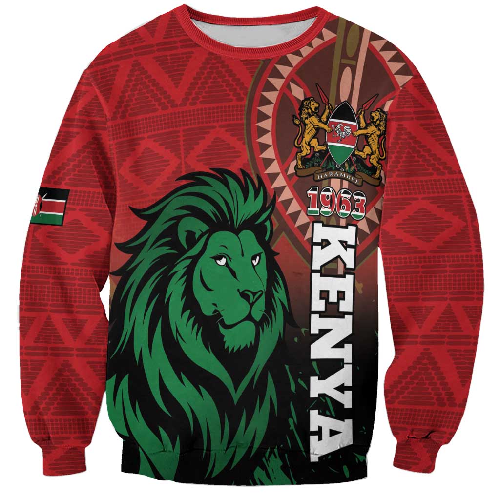 Red unisex sweatshirt with lion graphic and 1963 print, tribal geometric pattern