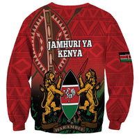 Red unisex sweatshirt with JAMHURIYA KENYA text, lions crest, and tribal pattern