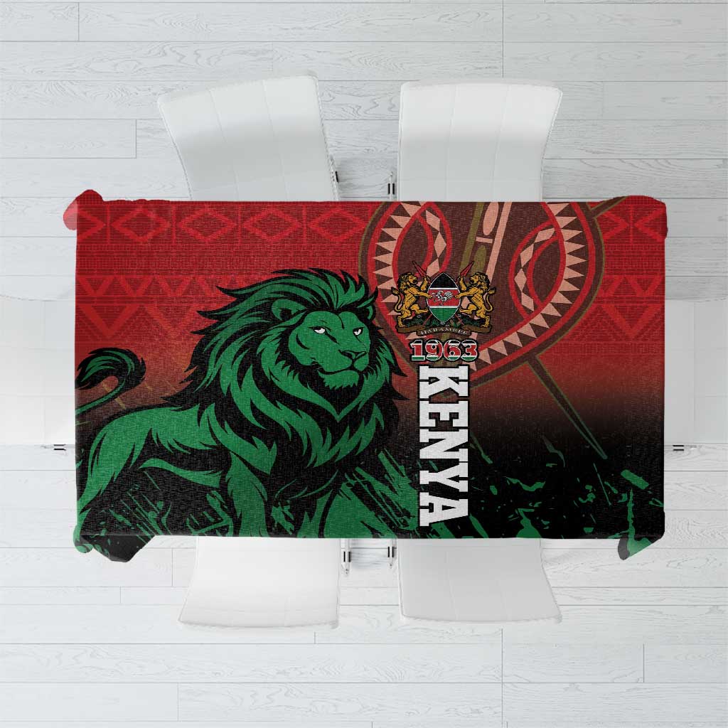 Kenya independence day tablecloth with red border, green lion graphic, 1963 and KENYA text.