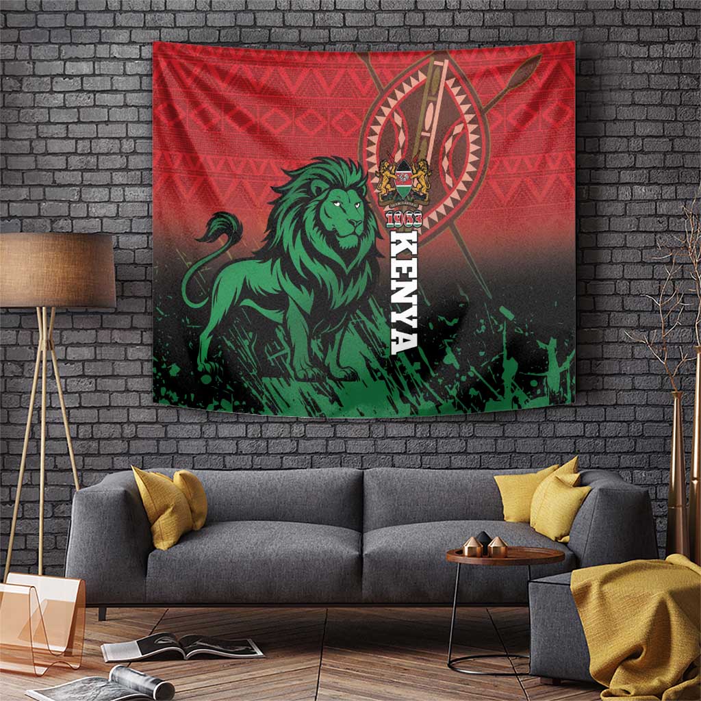 Kenya independence day tapestry with red field, green lion, crest, and vertical KENYA text